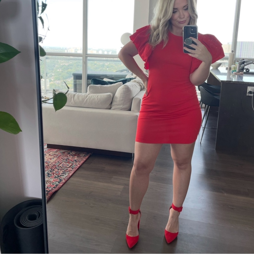 ZARA Red Dress with Ruffle Sleeves - Picture 2 of 2